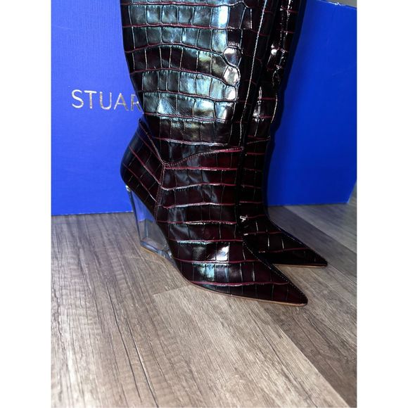 Stuart Weitzman Lucite Croc-Embossed Leather Wedge Boots - Picture 9 of 15